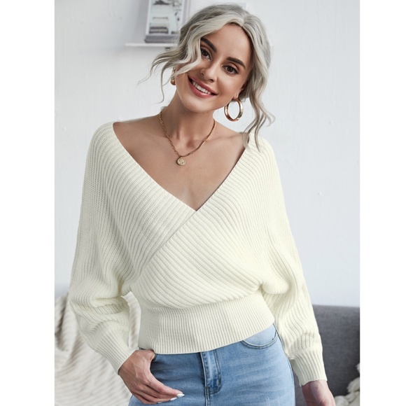 White Rib Knit Wrap Pullover Sweater Backless - Picture 2 of 8